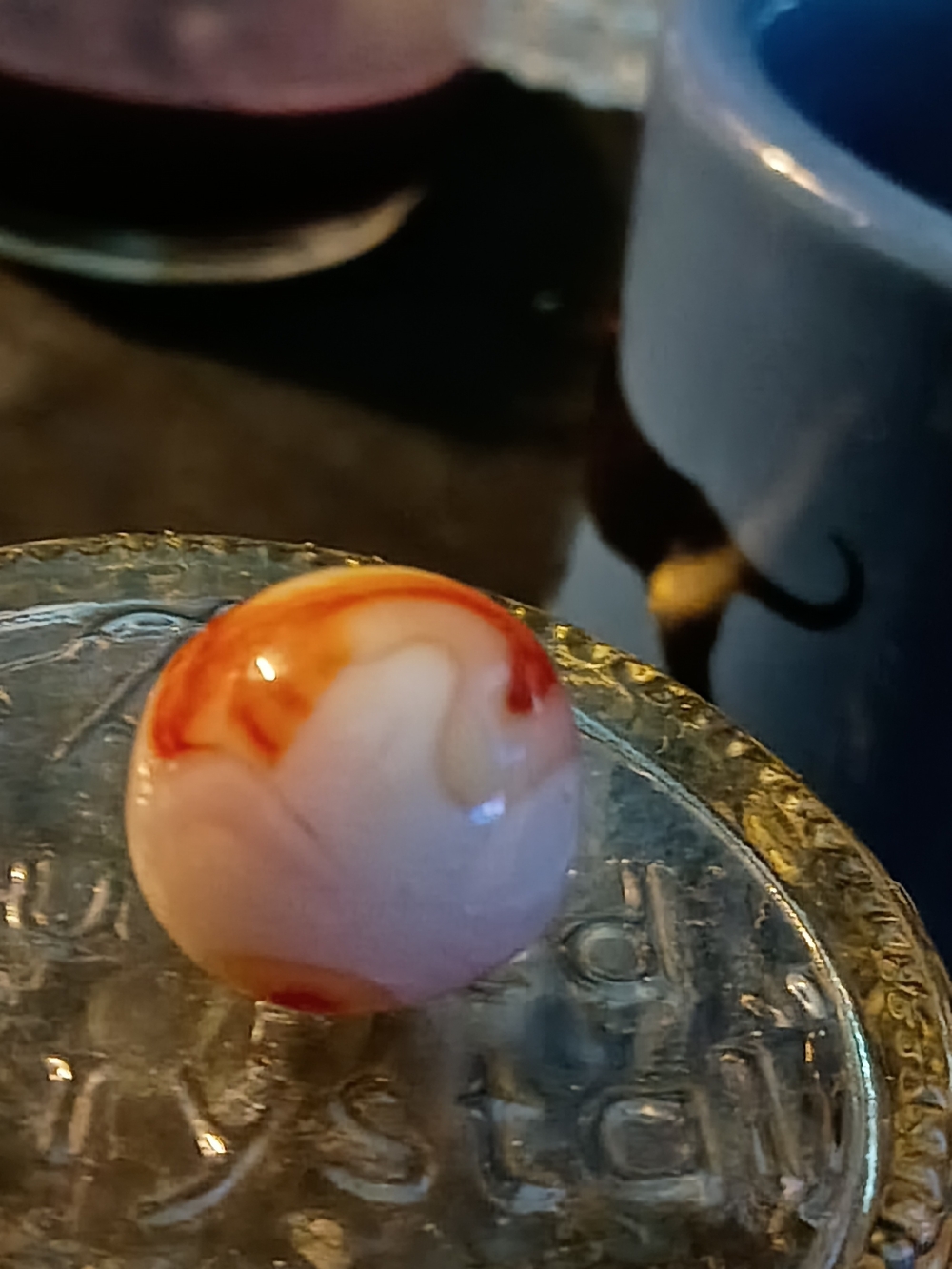 Hand-Blown Glass Marble Decorative Accent in White and Red